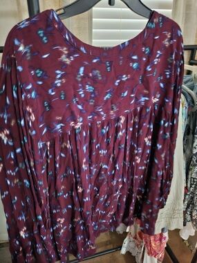 Terra & Sky Burgundy Blouse with Blue Accents